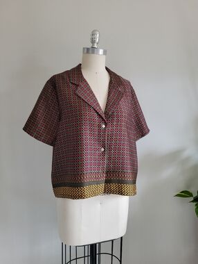 JOE FRESH satin pyjama style top in geometric pink, green and gold pattern